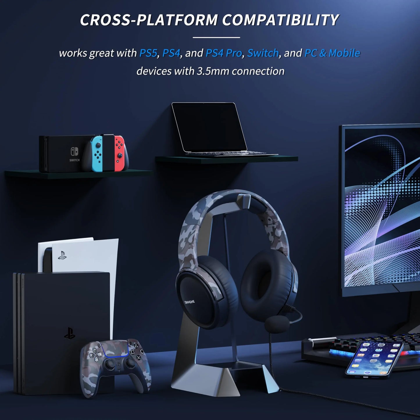 BINNUNE Gaming Headset with Mic for PS4 PS5 Xbox Series