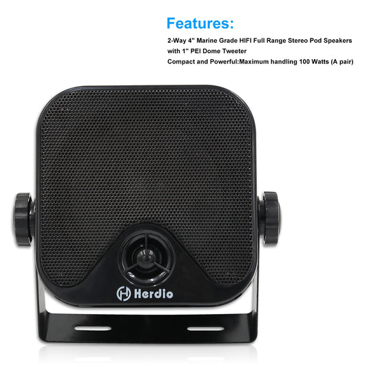 Herdio 4''  Waterproof Speaker Bluetoot Marine 100W Heavy Duty Boat Surface Mounted For Camper Skid Steer ATV UTV RZR Golf Cart